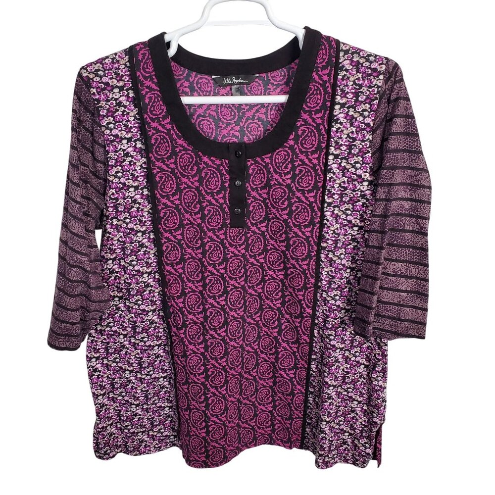 Ulla Popken Size 16 18 Shirt Cotton Paisley Floral Animal Patchwork Print Purple